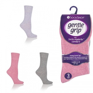 Ladies 3 Pair Pack Of Gentle Grip Socks in Grey, Lilac and Berry